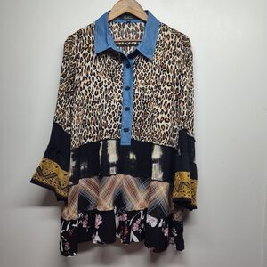 Caleooa Tunic Top Women Size XL Tan Leopard Floral 3/4 Sleeve Art To Wear Casual